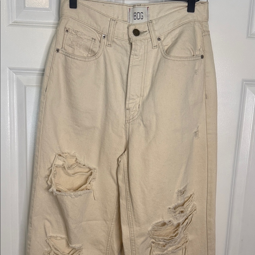 BDG High Rise Baggy Beige Ripped Jeans